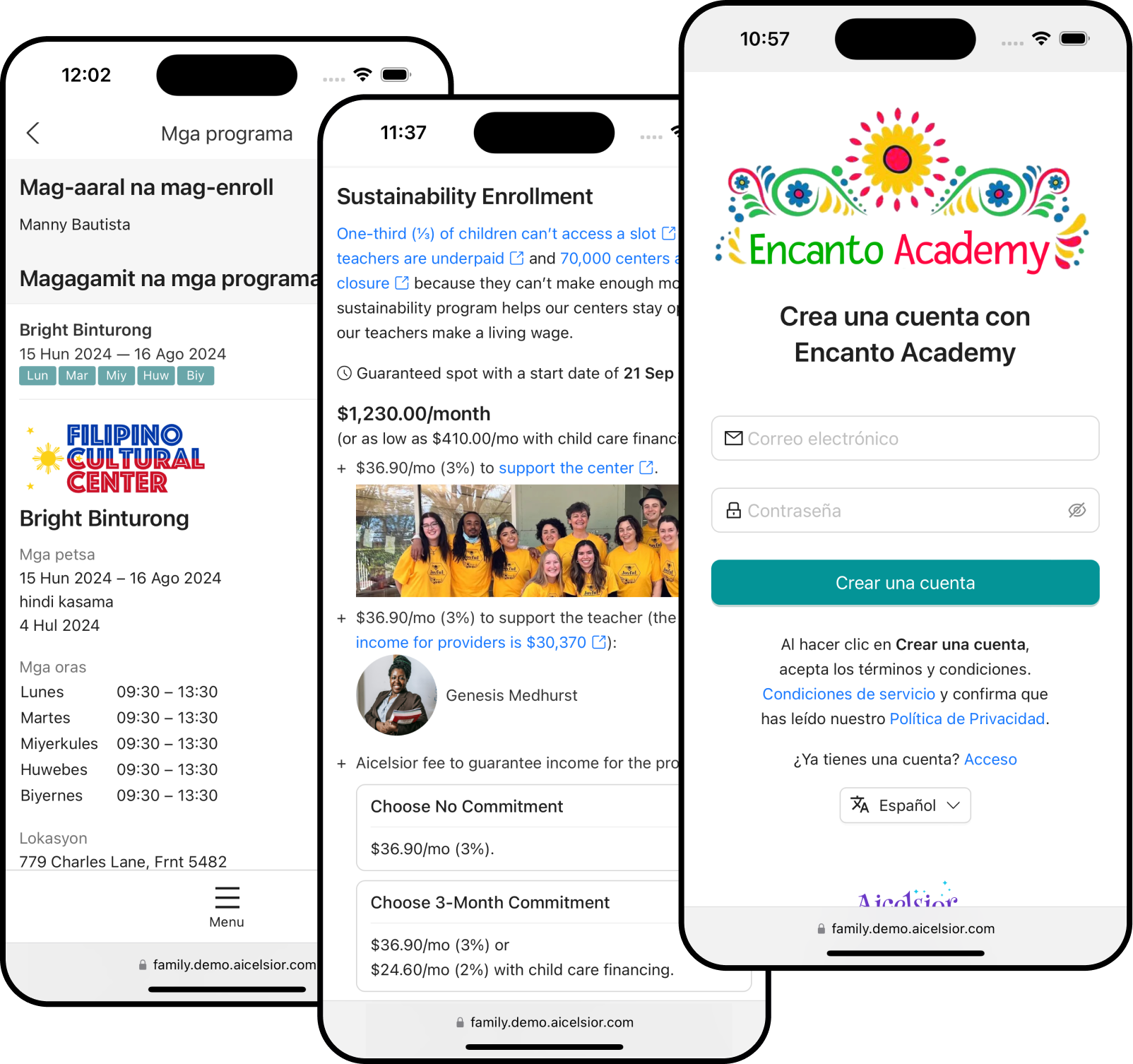 Two mobile phone screens, the left screen showing available programs for the student named Andrea Ngo. The available program is named Wise Wolves, serviced by the fictional business Building Blocks Enrichment Center. The screenshot on the right shows a checkout screen prompting the user to select between two payment plan options. The first option is to pay for the program only for $300 per month, with a total of 12 payments, and a waitlist position of 14. The second option is the Aicelsior Subscription plan, at a rate of $84 per month, 48 total payments, a guaranteed slot, a starting date of August 30, 2024.